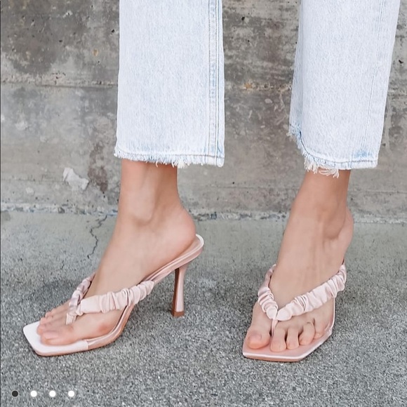 Pink Satin Square Toe High Heel Sandals - Picture 2 of 4